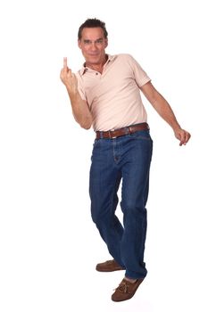 Attractive Smiling Frustrated Middle Age Man Showing Middle Finger in rude gesture with Cheeky Grin