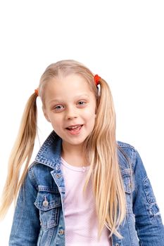 Smiling little girl with long hair on white background