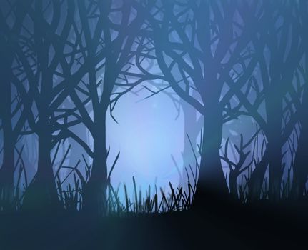 Illustration depicting spooky dark forest scene at night with silhoutted trees and eerie misty backlight.