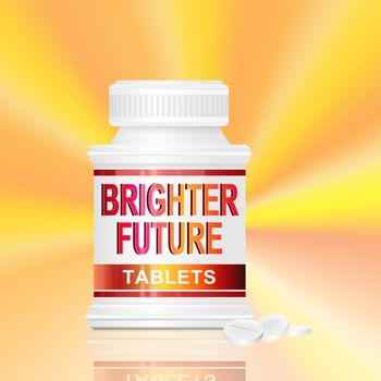 Illustration depicting a single medication container with the words 'brighter future tablets' on the front with golden light effect background and a few tablets in the foreground.