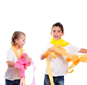 two children kids in a party with messy colorful paper ribbon