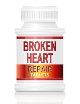 Illustration depicting a single medication container with the words 'broken heart repair tablets' on the front with white background.