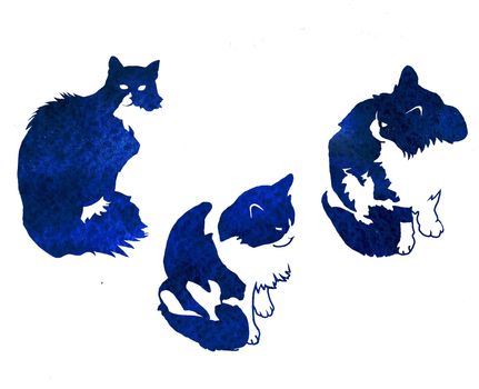 three black and white cats in a motions in a watercolor sihluette