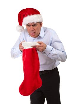 Middle Age Business Man in Santa Hat Throwing Up into Christmas Stocking Isolated