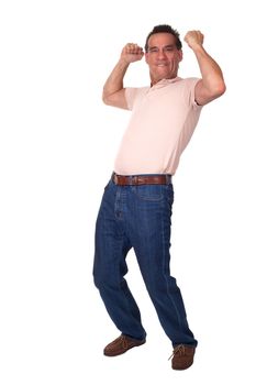 Happy Excited Attractive Middle Age Man Celebrating with Fists in Air Isolated