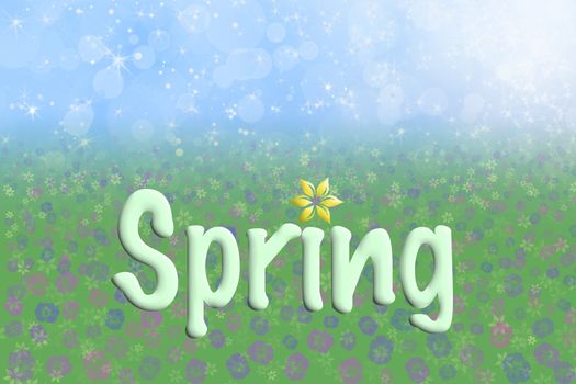 Pretty Spring Background with Blue Sparkly Sky Meadow Grass Flowers and Text