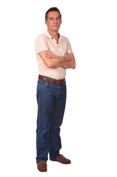 Full Length Portrait of Attractive Middle Age Man Smiling with Arms Folded Isolated