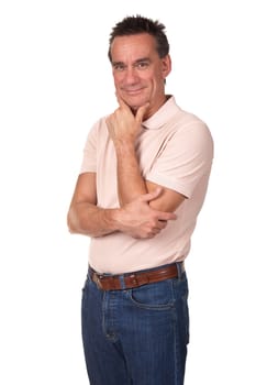 Attractive Smiling Middle Age Man with Hand to Chin in Thoughtful Pose Isolated