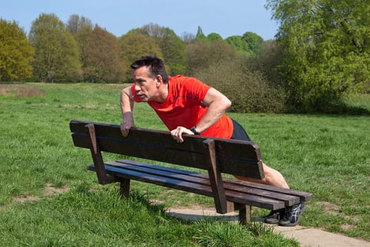 Middle Age Man Exercising doing pressups on a Sunny Park Bench