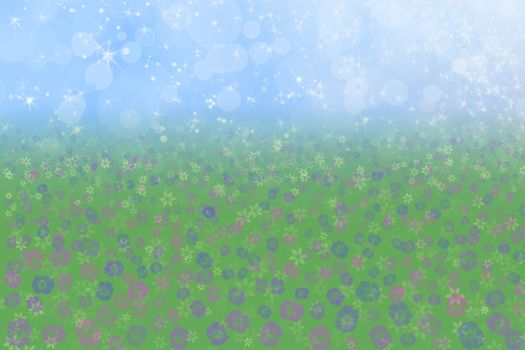 Pretty Spring Background with Blue Sparkly Sky Meadow Grass and Flowers