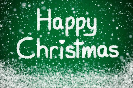 Happy Christmas Message on Green Star Background with Snow