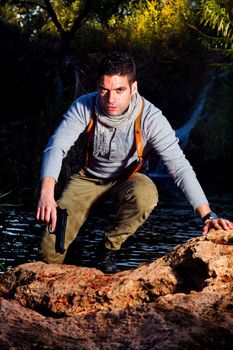 View of an treasure hunter, jungle adventurer type man.