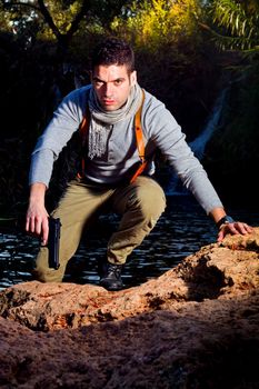 View of an treasure hunter, jungle adventurer type man.