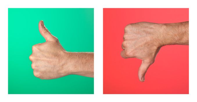 Pair of Thumbs up and Thumbs Down Signs on Green and Red Background