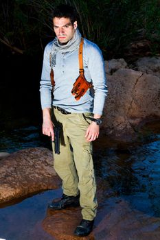 View of an treasure hunter, jungle adventurer type man.