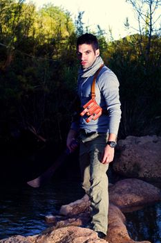 View of an treasure hunter, jungle adventurer type man.