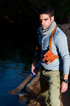 View of an treasure hunter, jungle adventurer type man.