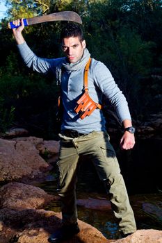 View of an treasure hunter, jungle adventurer type man.