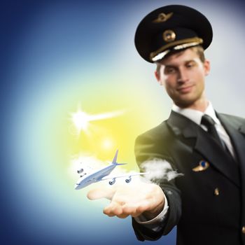 pilot in the form of extending a hand to a flying airplane with sky, clouds and sun