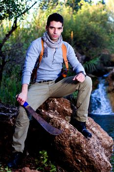 View of an treasure hunter, jungle adventurer type man.