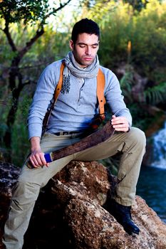 View of an treasure hunter, jungle adventurer type man.
