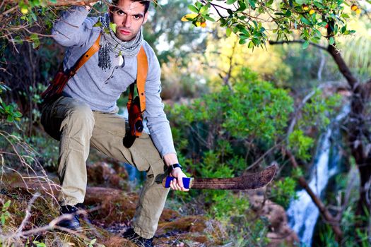 View of an treasure hunter, jungle adventurer type man.
