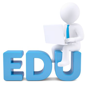 3d white man with laptop sitting on the word EDU. Isolated render on a white background