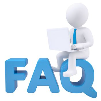 3d white man with laptop sitting on the word FAQ. Isolated render on a white background