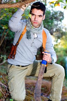 View of an treasure hunter, jungle adventurer type man.