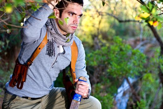 View of an treasure hunter, jungle adventurer type man.