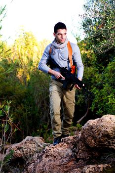 View of an treasure hunter, jungle adventurer type man.