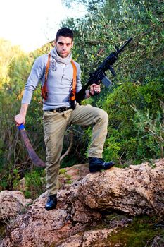 View of an treasure hunter, jungle adventurer type man.