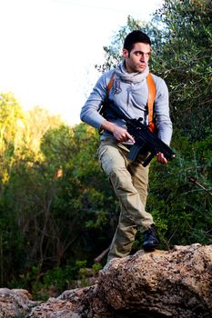 View of an treasure hunter, jungle adventurer type man.