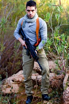 View of an treasure hunter, jungle adventurer type man.