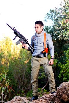View of an treasure hunter, jungle adventurer type man.