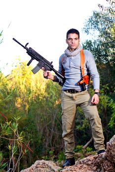 View of an treasure hunter, jungle adventurer type man.