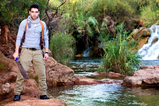 View of an treasure hunter, jungle adventurer type man.