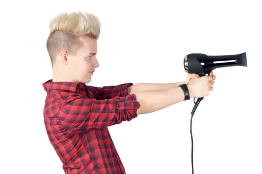 Portrait of handsome man with hairdryer in studio isolated on white