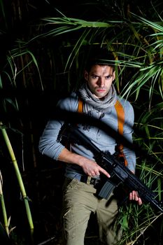 View of an treasure hunter, jungle adventurer type man.