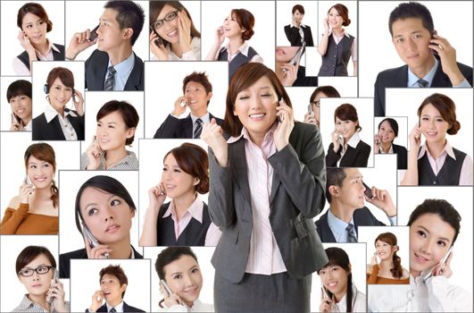 Business network, Asian business people use mobile phone to communicate to each other on white background.