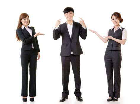 Happy smile business people, one man point himself and other women introduce him, full length portrait isolated on white background.