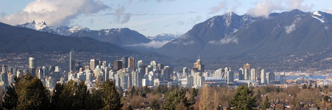 Vancouver BC Canada City Skyline and Snow Capped Mountains Panorama