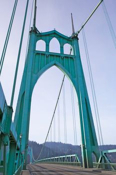 St. Johns Towers on steel suspension bridge in Portland, OR