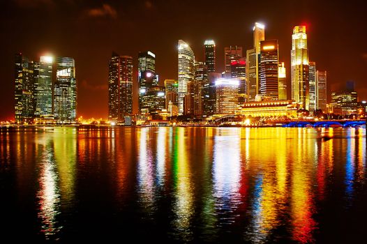 Night panorama of Singapore downtown. There are more than 7,000 multinational corporations from United States, Japan and Europe in Singapore. 