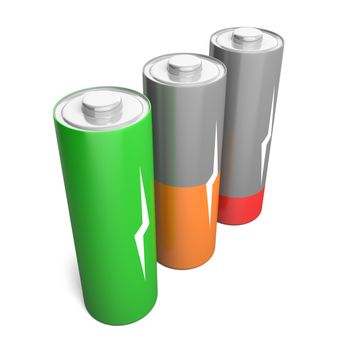 Set of batteries with different charging levels, isolated on white background