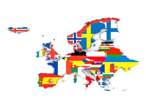 Political map of Europe with state flags isolated on white background