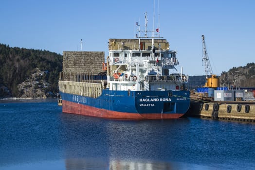 MV Hagland Bona is docked at the port of Halden, Norway and unloading timber. The picture is shot one day in March 2013.