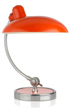 Retro orange table lamp on on white background.