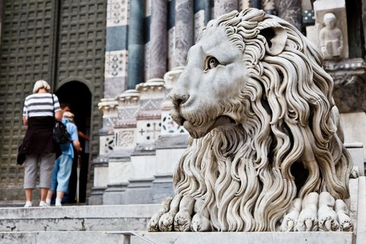 Lion Guarding Cathedral of Saint Lawrence (Lorenzo) in Genoa, Italy