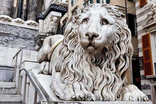 Marble Lion Guarding Cathedral of Saint Lawrence (Lorenzo) in Genoa, Italy